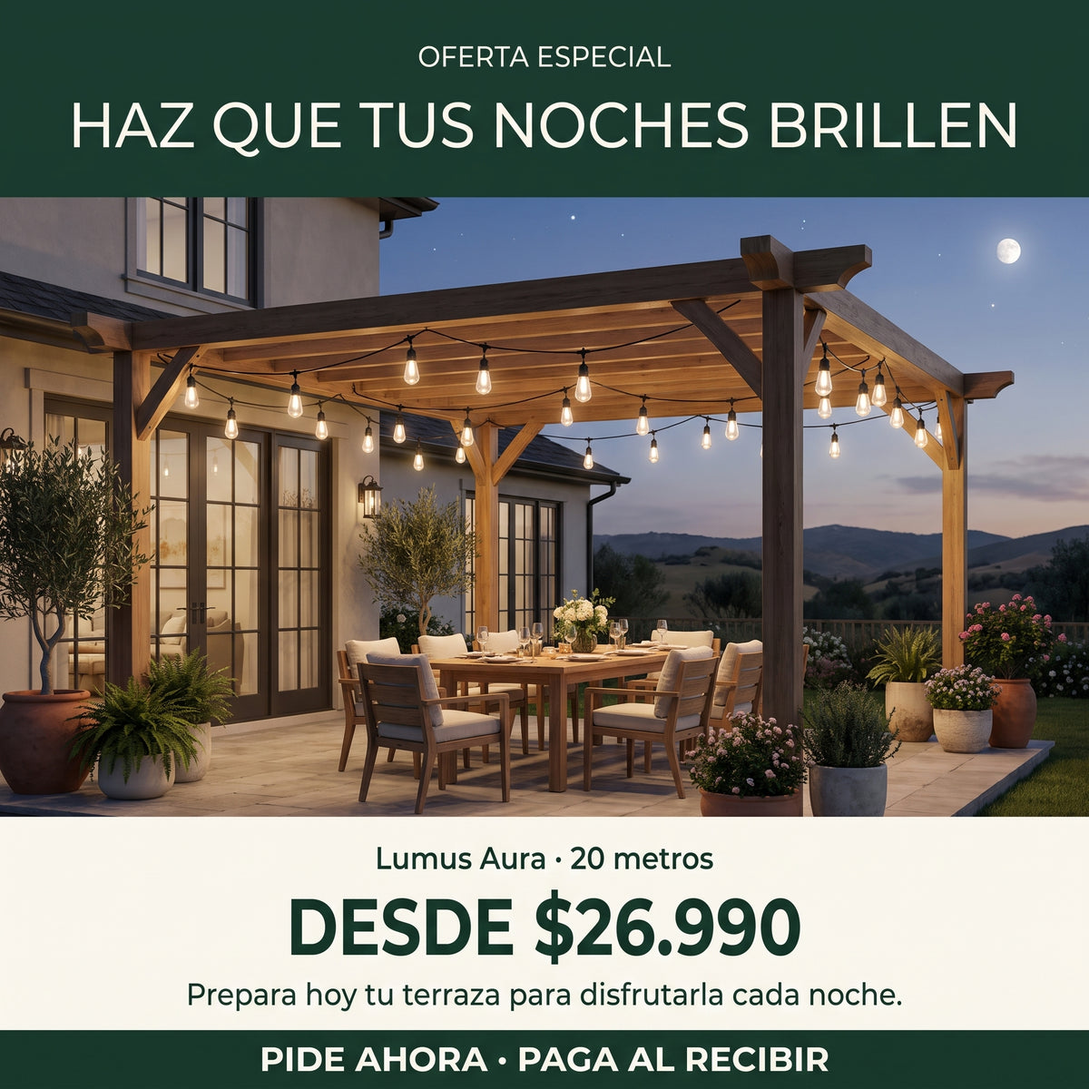 Guirnalda Solar Lumus Aura 20M®, Luz Cálida para Terraza y Jardín.