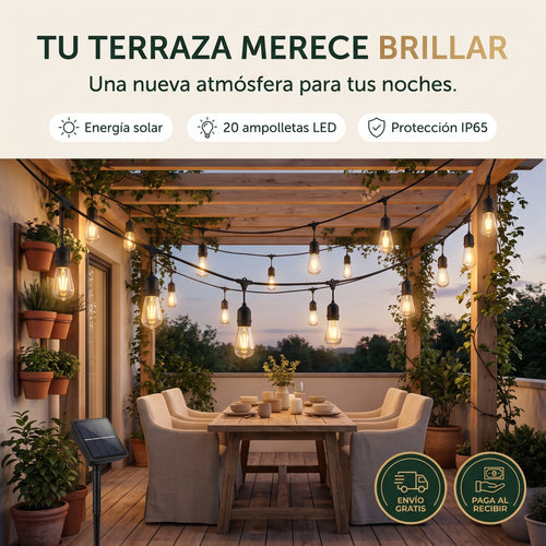 Guirnalda Solar Lumus Aura 20M®, Luz Cálida para Terraza y Jardín.