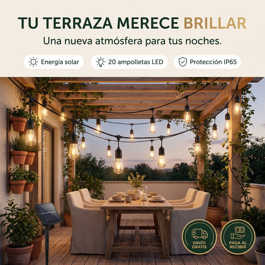 Guirnalda Solar Lumus Aura 20M®, Luz Cálida para Terraza y Jardín.