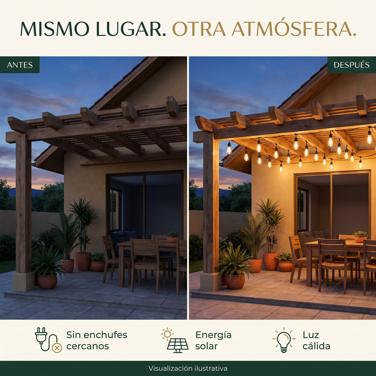 Guirnalda Solar Lumus Aura 20M®, Luz Cálida para Terraza y Jardín.